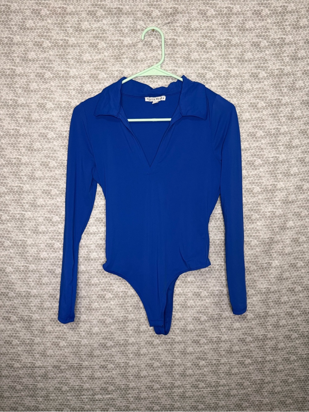 Haute Monde blue long sleeve collared bodysuit in size S